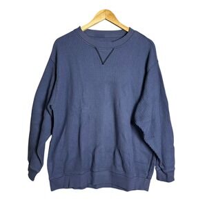 aerie Navy Blue Waffle-Knit Crewneck Sweatshirt